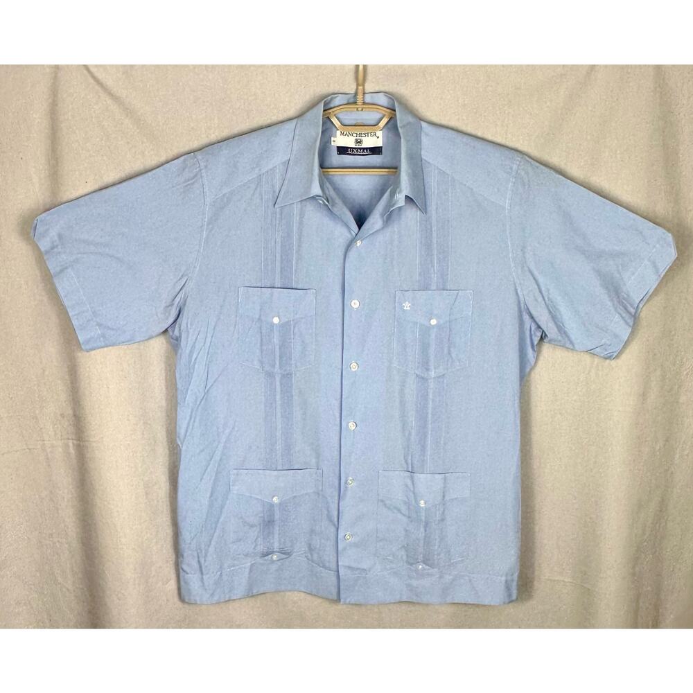 Uxmal Manchester Men's Large Lt. Blue Gueyabera 4 Pocket Pintuck Shirt - G